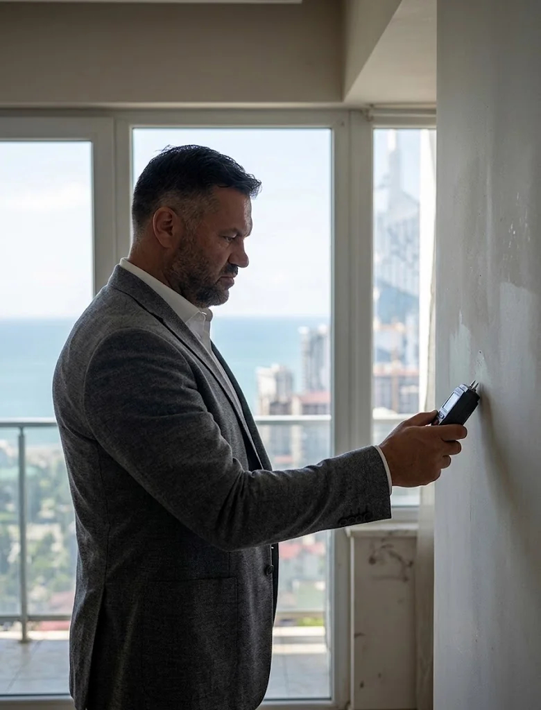Agent sprawdza stan techniczny mieszkania na rynku wtórnym w Batumi miernikiem wilgotności
